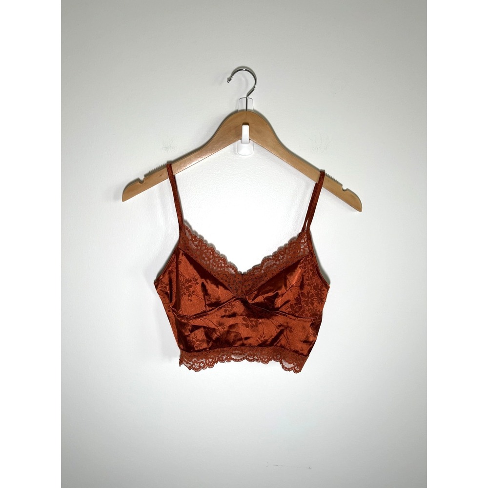 Y2K Babydoll Fairy Boho Festival Cami Women Top Orange XS Floral Lace Trim Satin